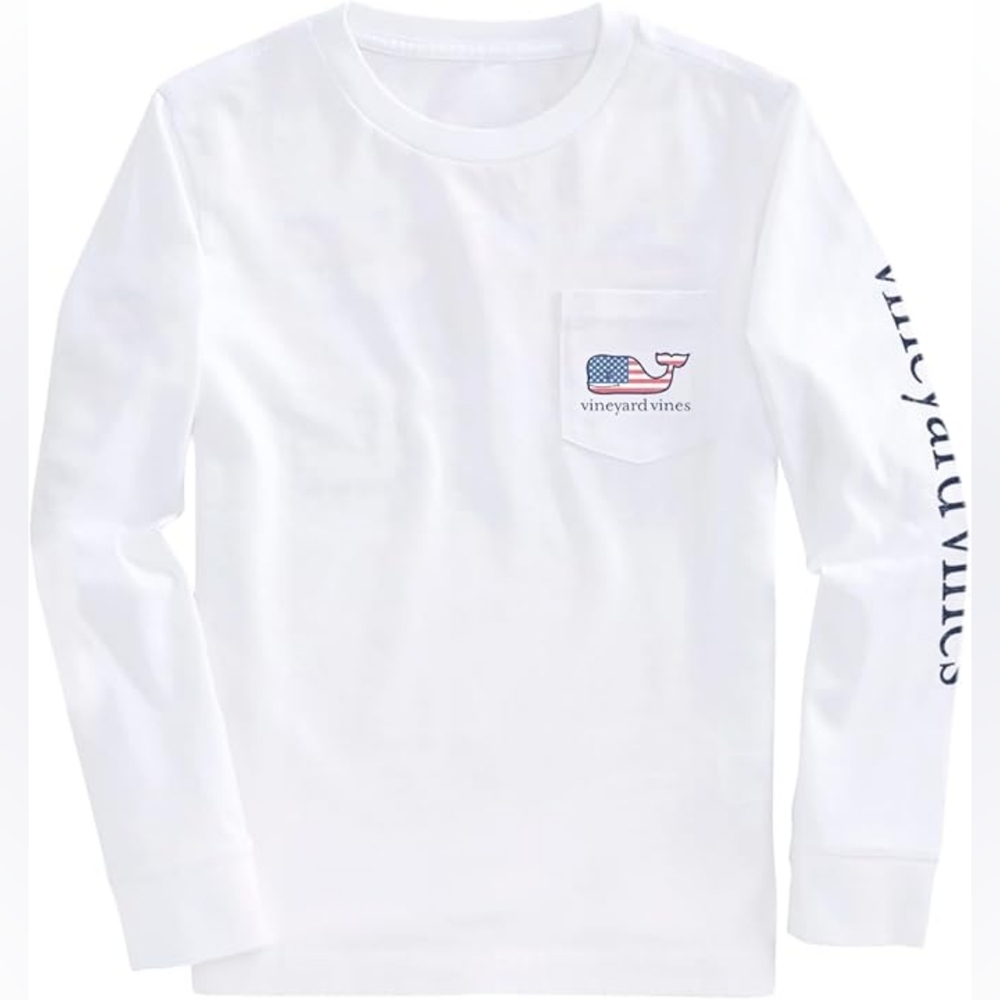 Vineyard Vines White Long Sleeve Flag Whale Pocket Tee Size S
